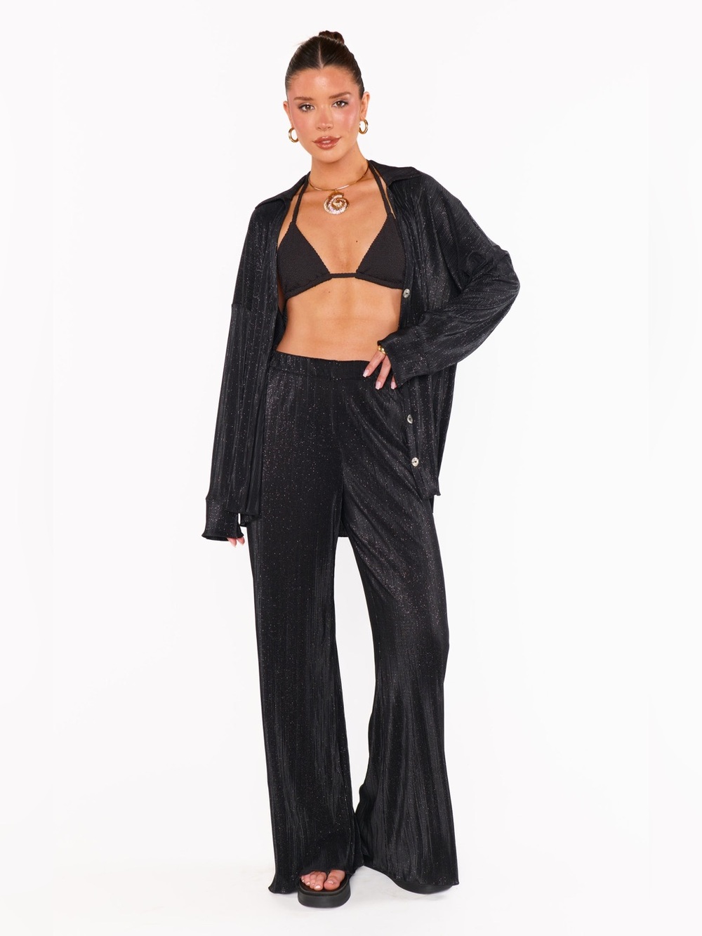 Show Me Your Mumu Everywhere Pants In Black Pleat High Rise Wide Leg Metallic